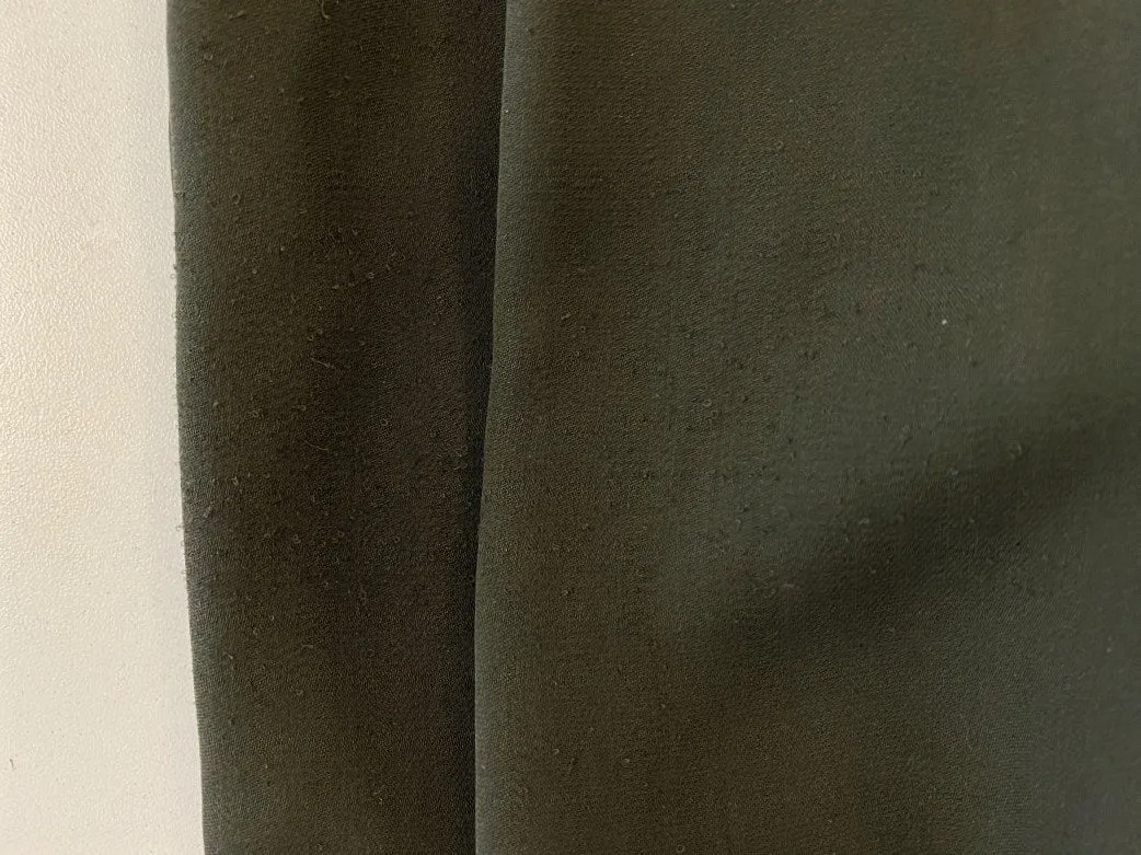 Morgane Le Fay Dress Olive Draped Silk Size Small Ruffle-Trim Short Sleeve