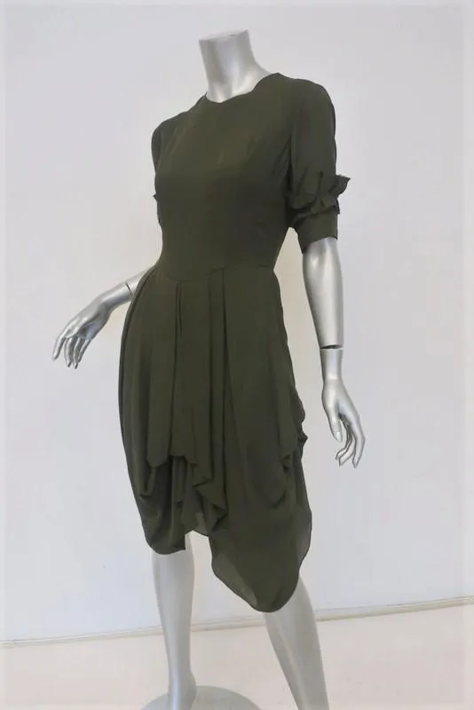 Morgane Le Fay Dress Olive Draped Silk Size Small Ruffle-Trim Short Sleeve