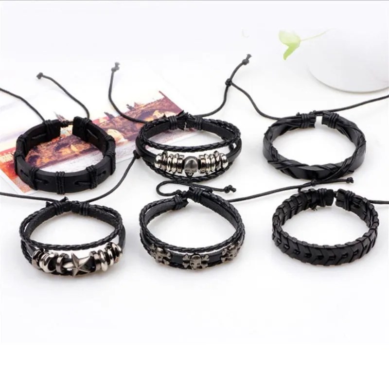 Multilayered Black Leather Bracelet with Metal Accents