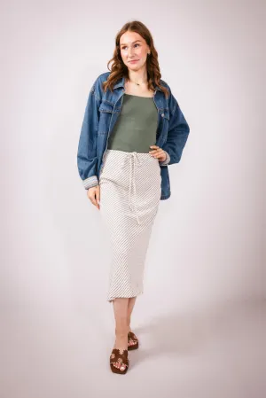 Mustard Seed Drawstring Waist Slit A-Line Skirt for Women in Oatmeal | S24281-OATMEAL