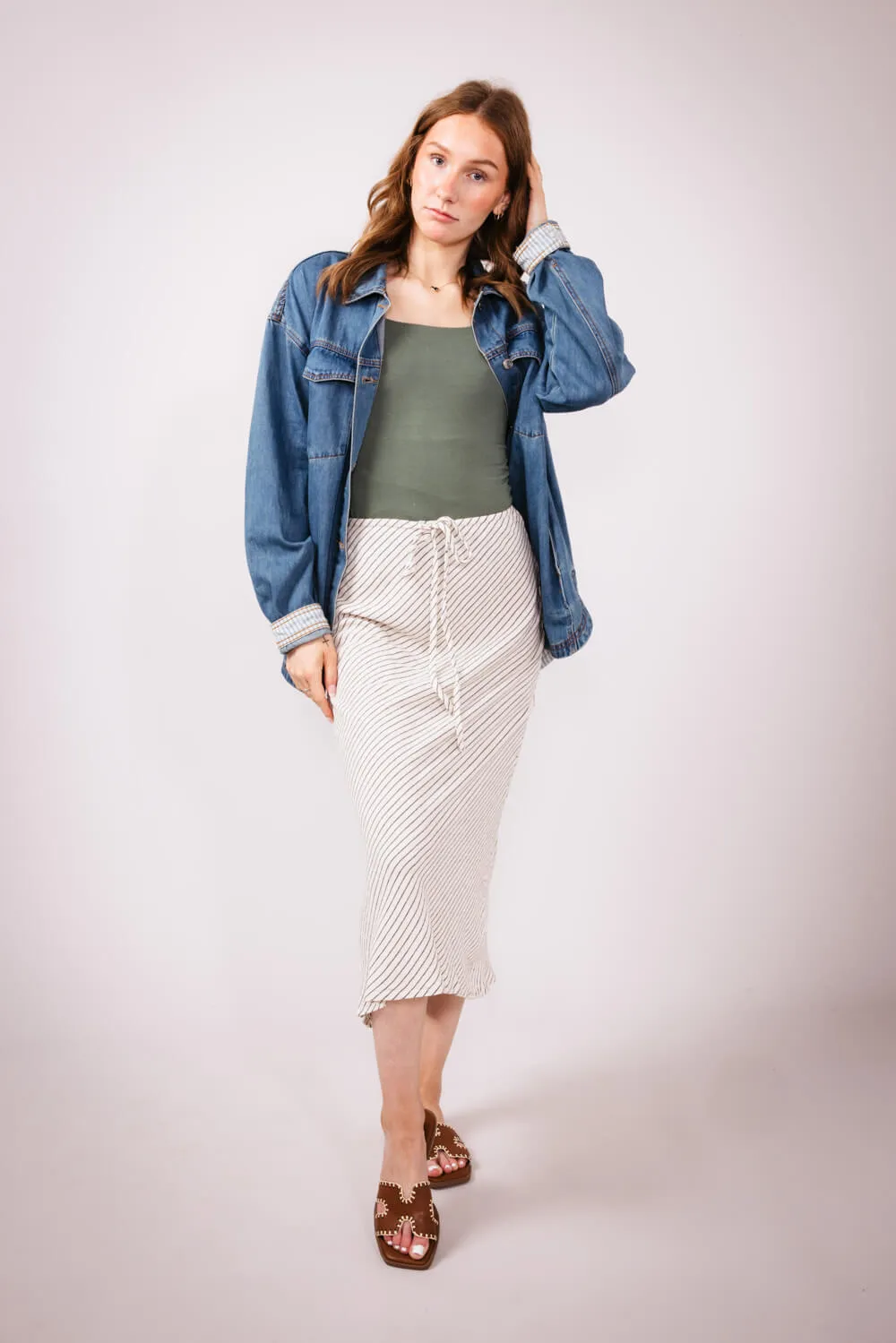Mustard Seed Drawstring Waist Slit A-Line Skirt for Women in Oatmeal | S24281-OATMEAL