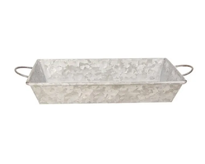 Narrow galvanized metal tray with handles