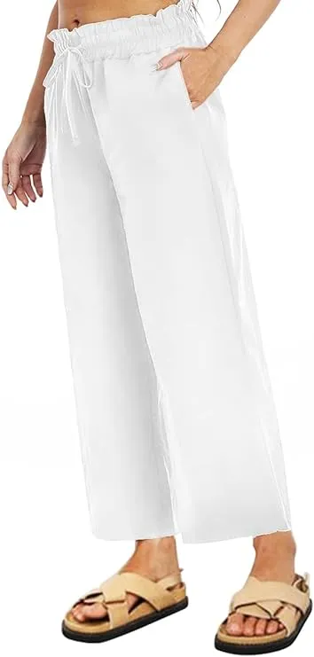 NEW Famulily Women's Cotton Linen Wide Leg Pant Casual Loose Drawstring Cropped Trousers with Pockets, Sz XXL