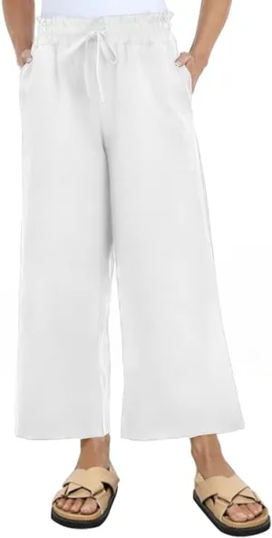 NEW Famulily Women's Cotton Linen Wide Leg Pant Casual Loose Drawstring Cropped Trousers with Pockets, Sz XXL