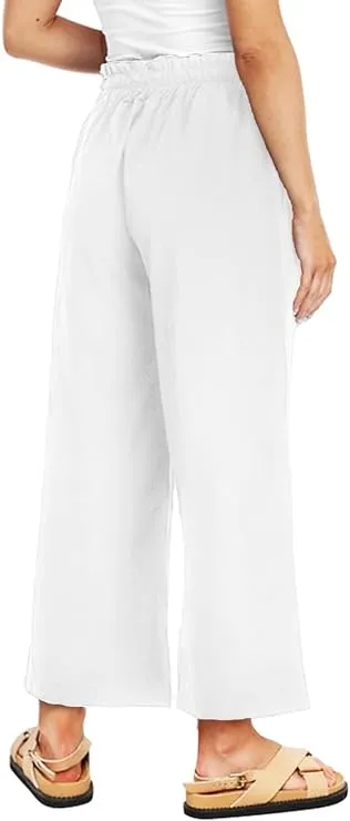 NEW Famulily Women's Cotton Linen Wide Leg Pant Casual Loose Drawstring Cropped Trousers with Pockets, Sz XXL