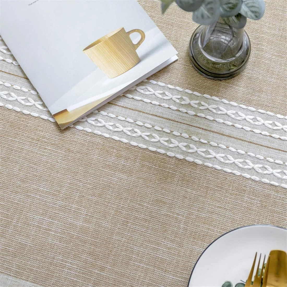 Newisher Rectangle Grey Cotton Linen Fabric Tablecloth with Tassels Heavy Weight, 55" X 70"