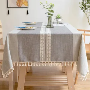 Newisher Rectangle Grey Cotton Linen Fabric Tablecloth with Tassels Heavy Weight, 55" X 70"