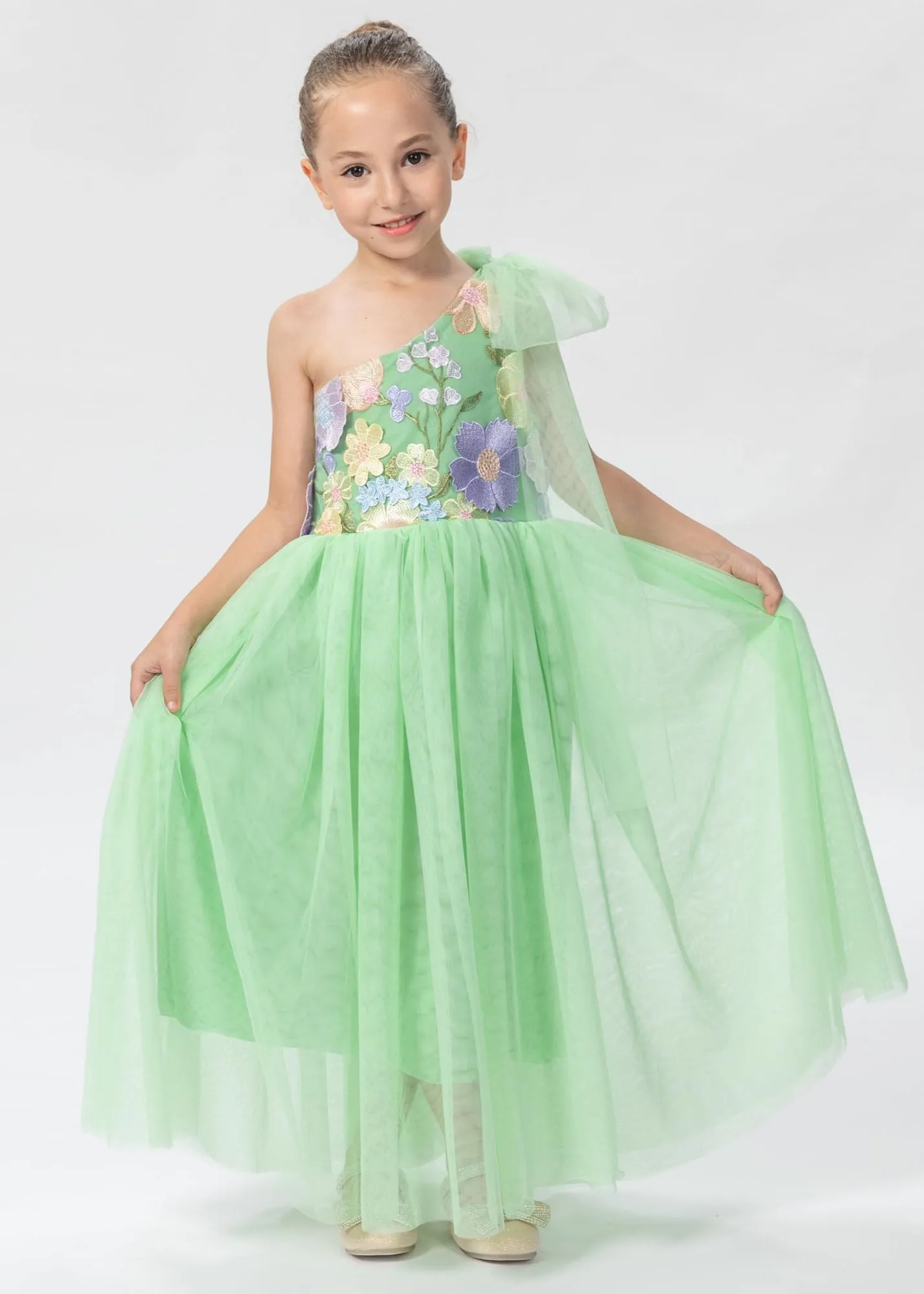 One Shoulder Adjustable Strap Embroidered Girl Dress in Green