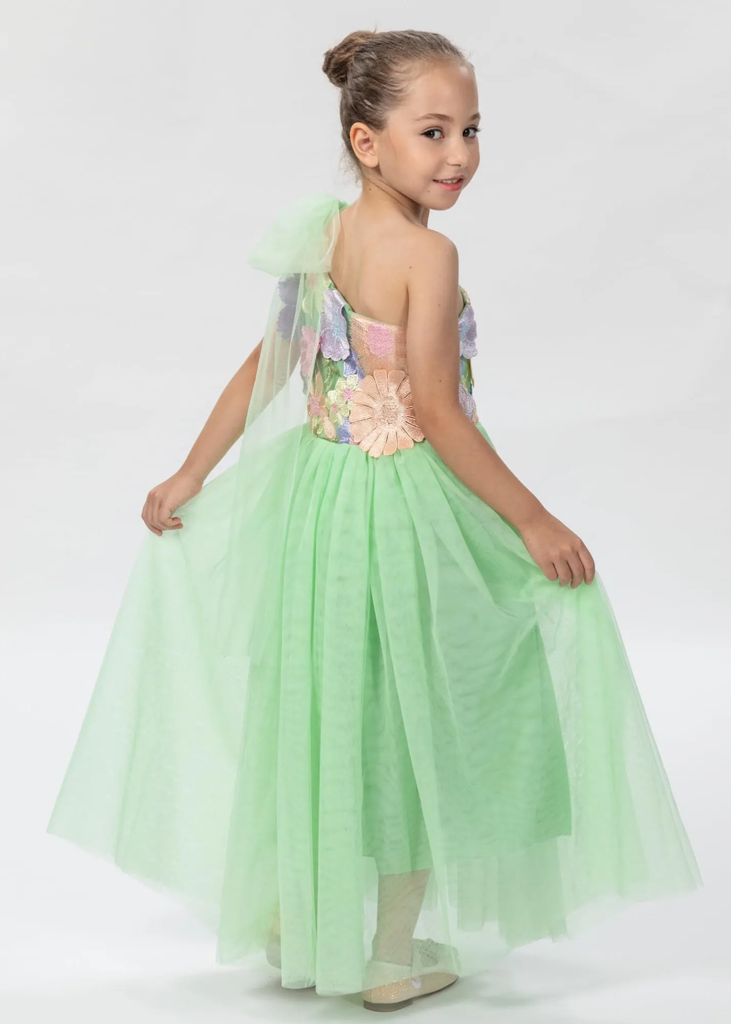 One Shoulder Adjustable Strap Embroidered Girl Dress in Green