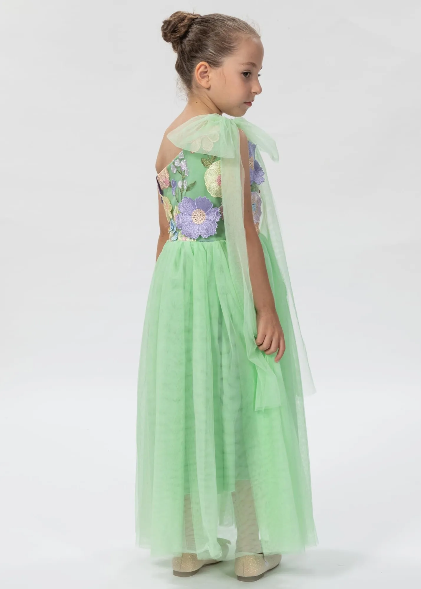 One Shoulder Adjustable Strap Embroidered Girl Dress in Green