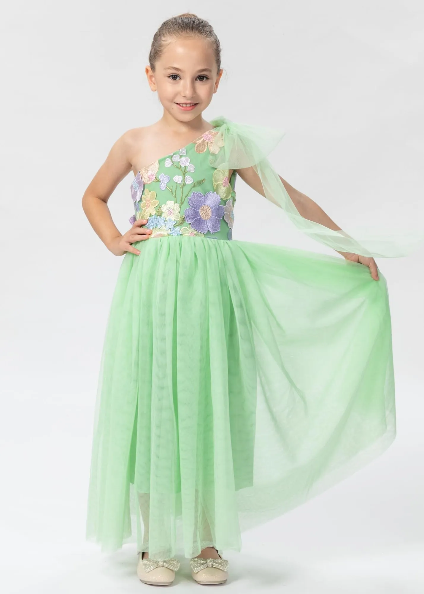 One Shoulder Adjustable Strap Embroidered Girl Dress in Green