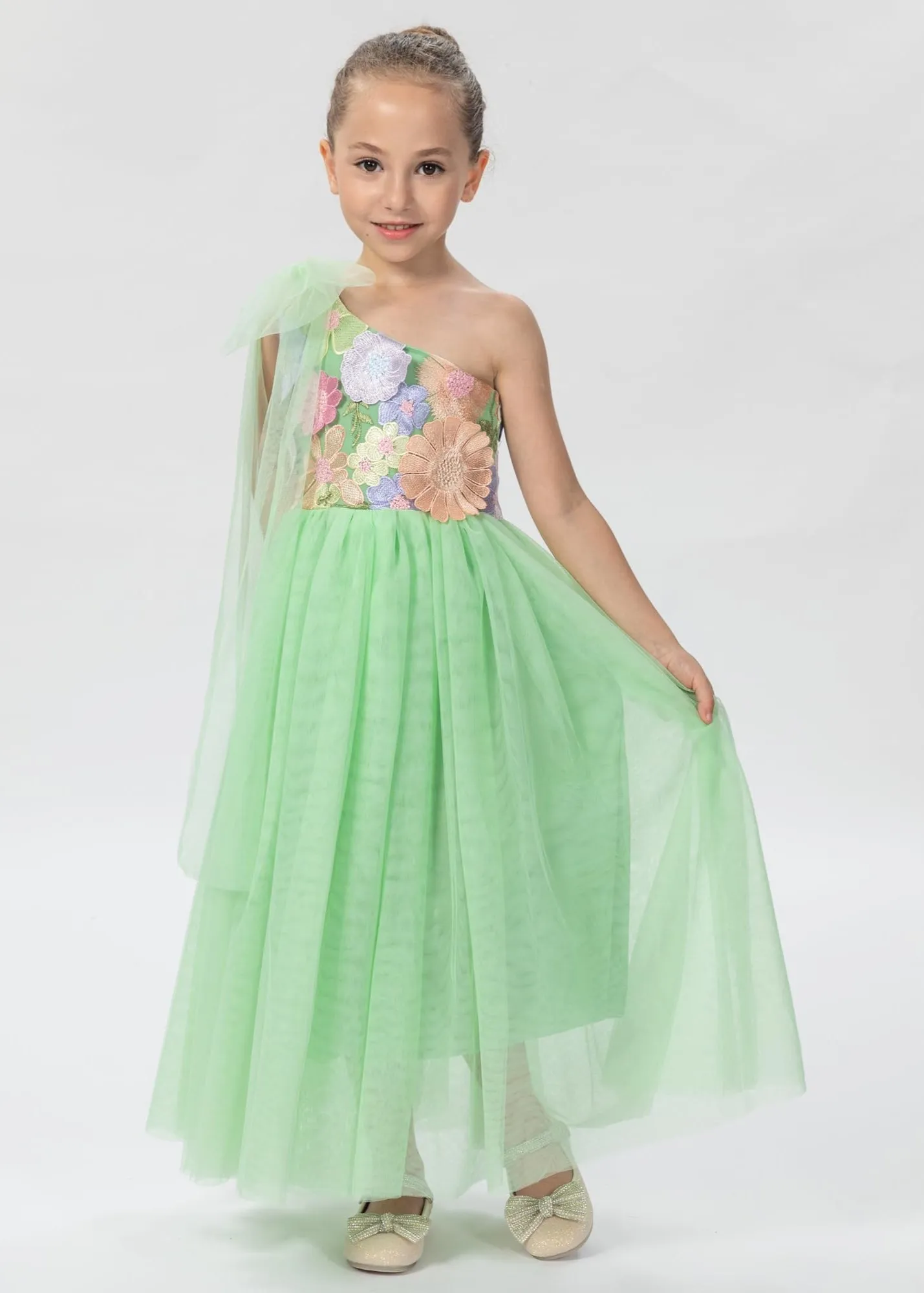 One Shoulder Adjustable Strap Embroidered Girl Dress in Green