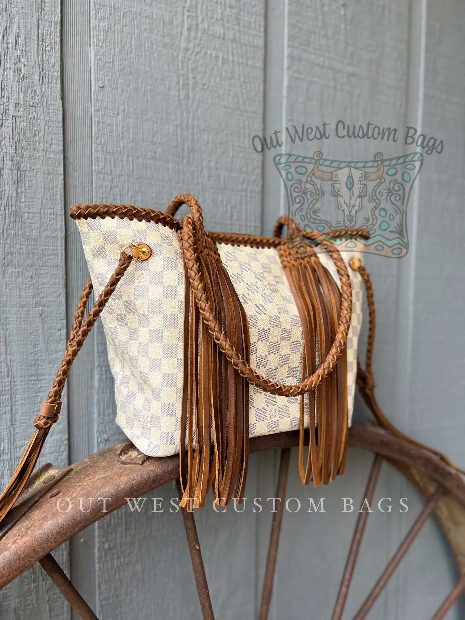 Out West Damier Azur Neverfull MM Braided Leather Fringe