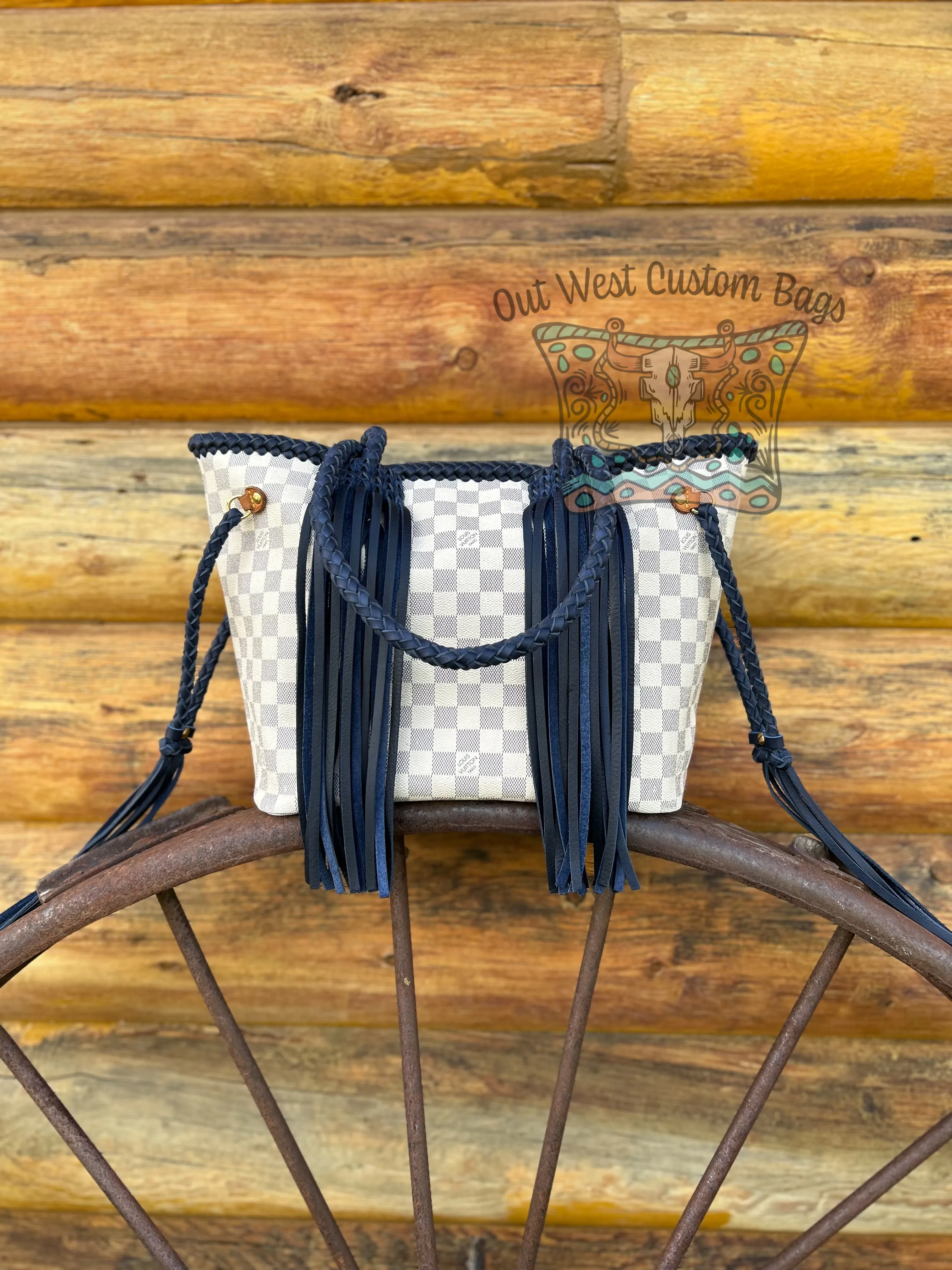 Out West Damier Azur Neverfull MM Braided Leather Fringe