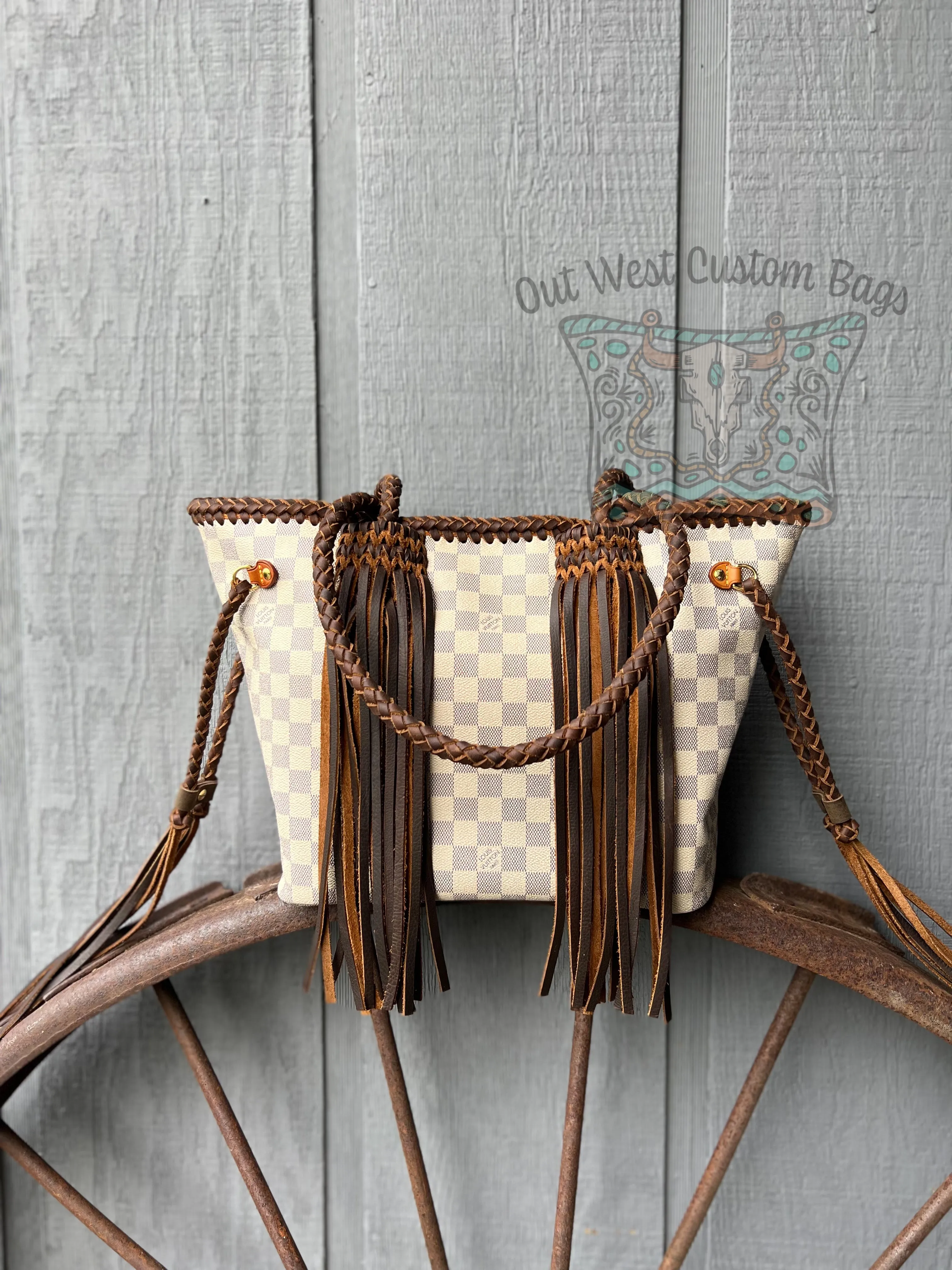 Out West Damier Azur Neverfull MM Braided Leather Fringe