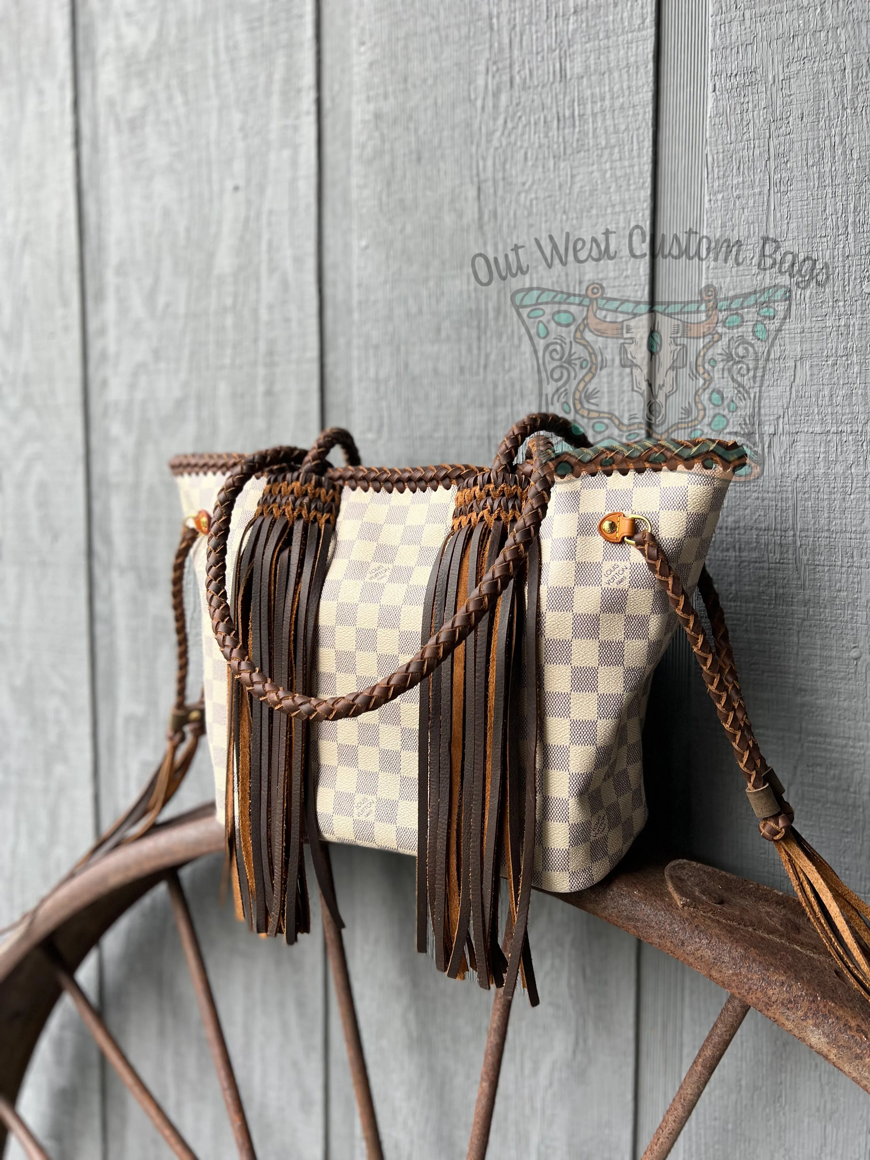 Out West Damier Azur Neverfull MM Braided Leather Fringe
