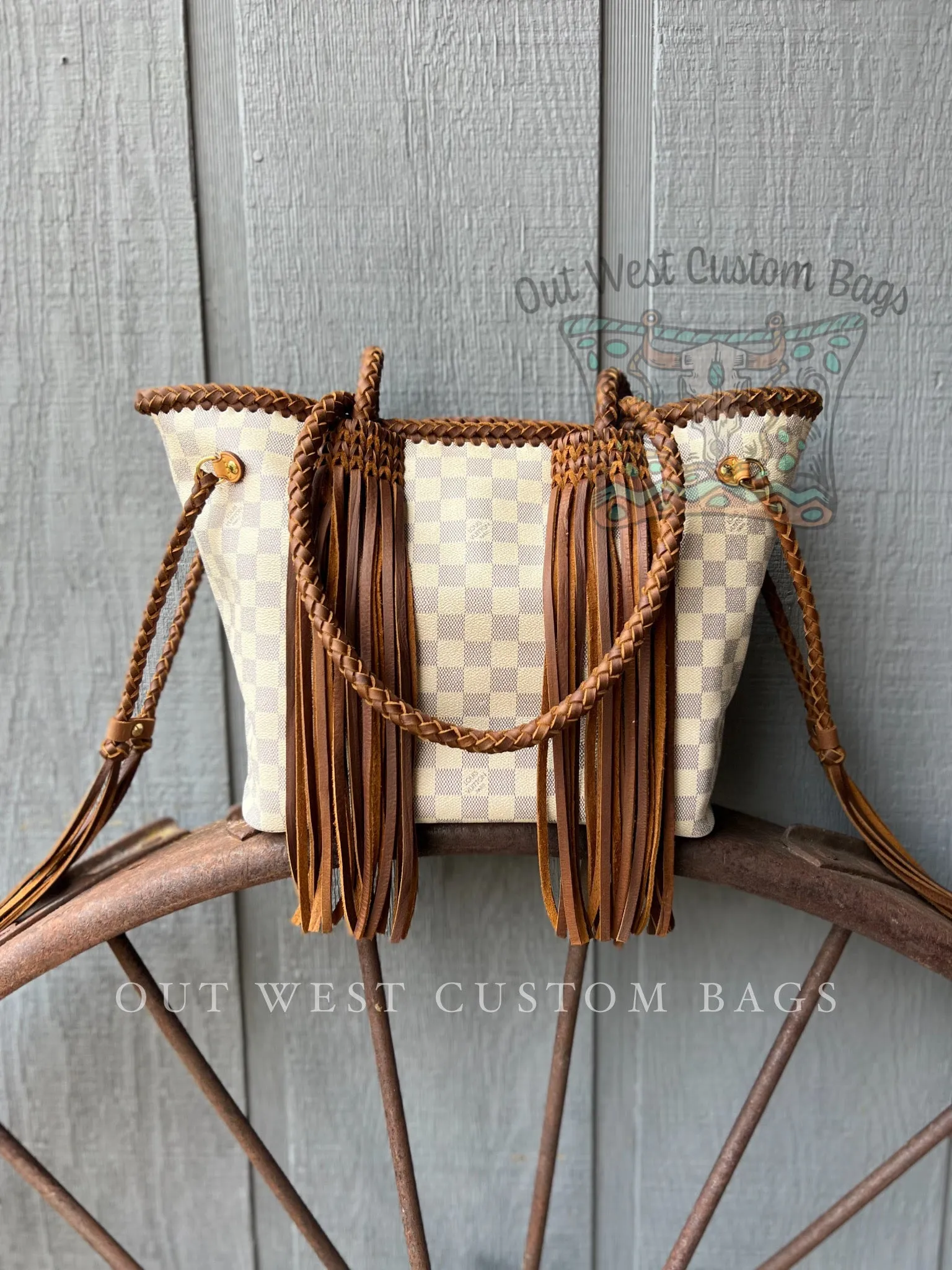 Out West Damier Azur Neverfull MM Braided Leather Fringe