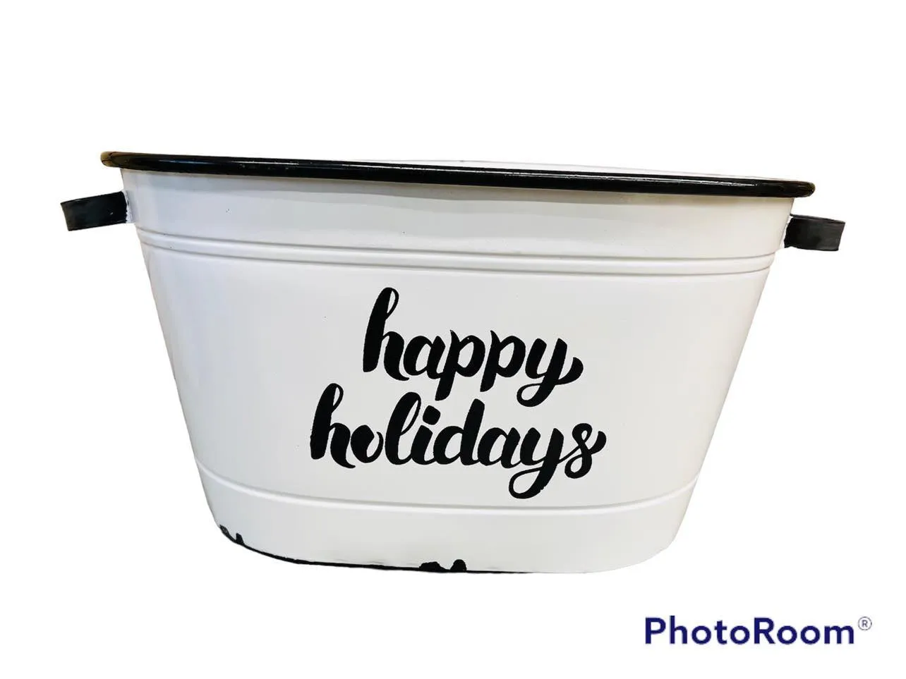 Oval Metal- White with black rim & handles Happy Holidays Decor N6494