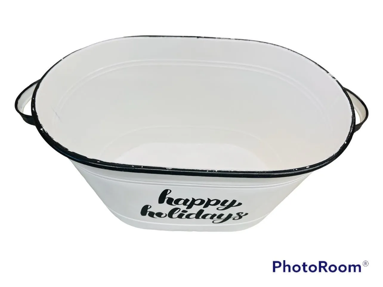 Oval Metal- White with black rim & handles Happy Holidays Decor N6494