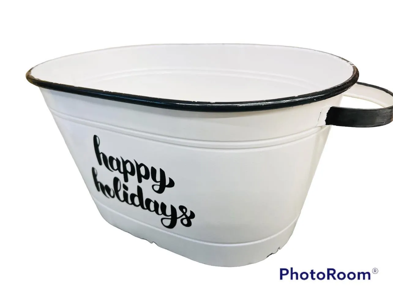 Oval Metal- White with black rim & handles Happy Holidays Decor N6494