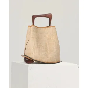 Ozzy Natural Raffia Leather Wood Handbag