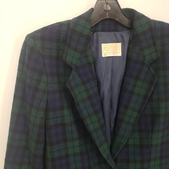 Pendleton Blackwatch Plaid Wool Blazer Jacket 8 One Button Navy Blue Green Work