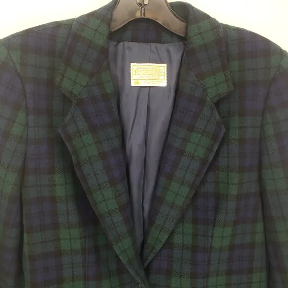 Pendleton Blackwatch Plaid Wool Blazer Jacket 8 One Button Navy Blue Green Work
