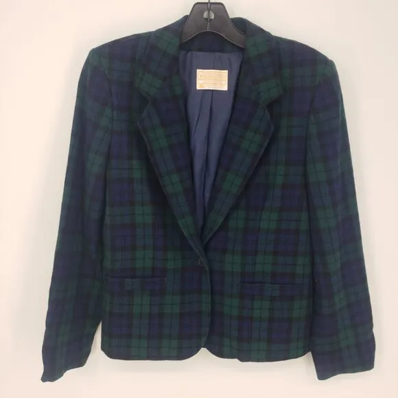 Pendleton Blackwatch Plaid Wool Blazer Jacket 8 One Button Navy Blue Green Work