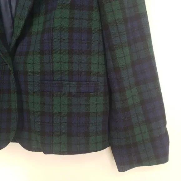 Pendleton Blackwatch Plaid Wool Blazer Jacket 8 One Button Navy Blue Green Work