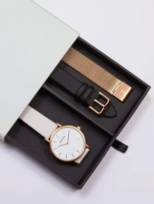 Petite Watch with Rose Gold & White Dial Gift Set | Multi Vegan Leather & Mesh Straps