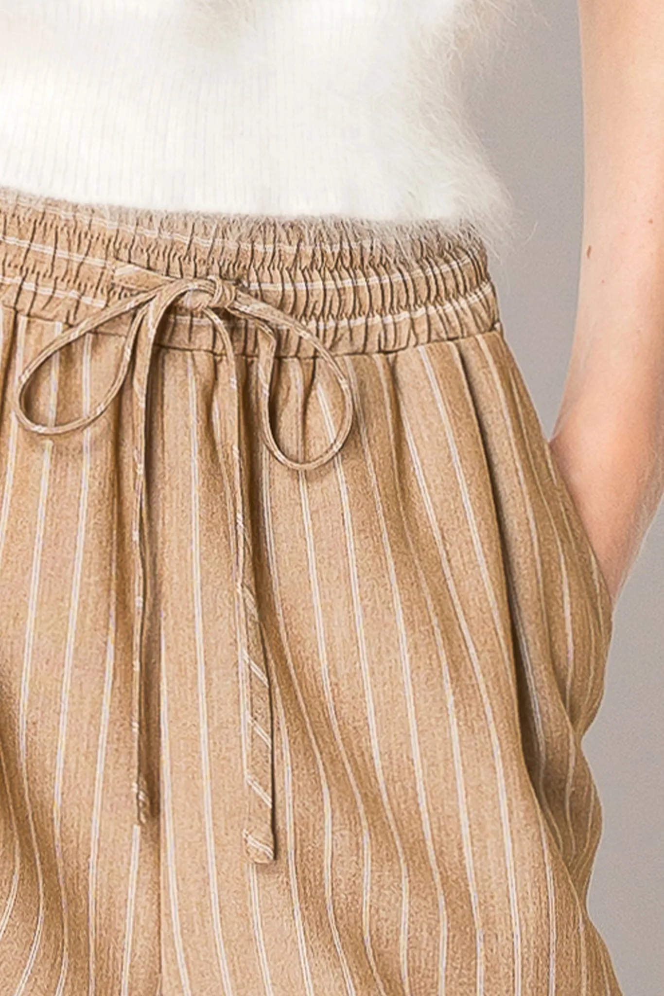 PIN STRIPE  DRAWSTRING ELASTIC WAISTBAND WIDE LEG OFFICE TROUSERS