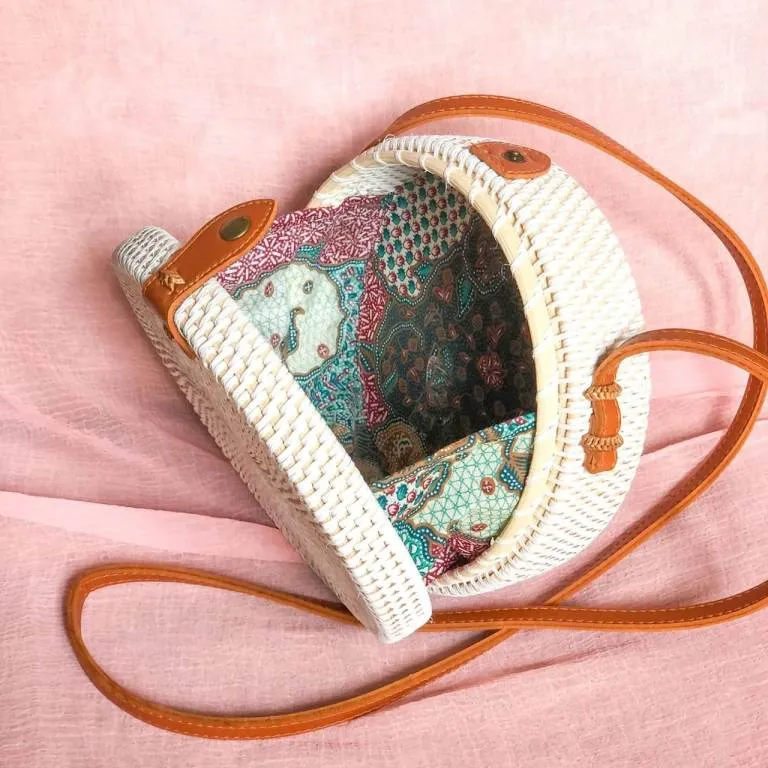 Pink Flower White Round Sling Bag