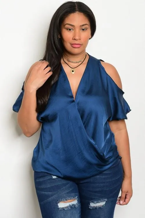 Plus Size Surplice Front Cold Shoulder Silk Top