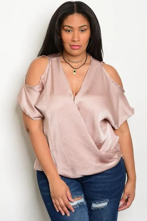 Plus Size Surplice Front Cold Shoulder Silk Top