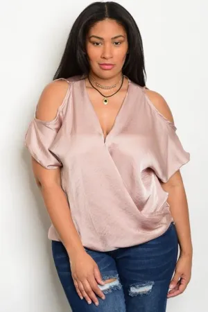 Plus Size Surplice Front Cold Shoulder Silk Top