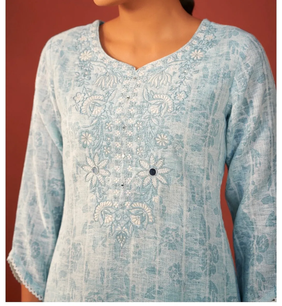 Powder blue linen duppata set