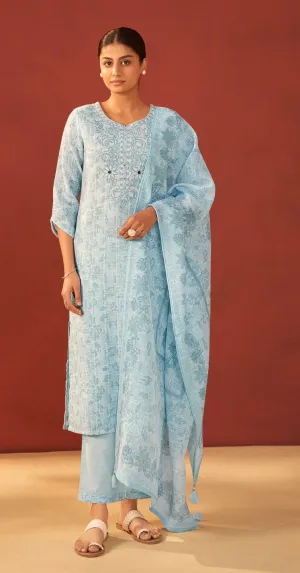 Powder blue linen duppata set