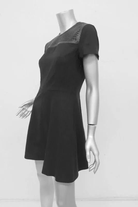 Proenza Schouler Dress Black Stretch Silk Size 4 Woven Leather Yoke Skater Mini