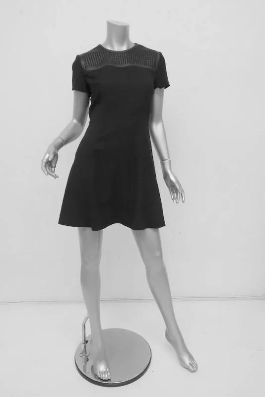 Proenza Schouler Dress Black Stretch Silk Size 4 Woven Leather Yoke Skater Mini