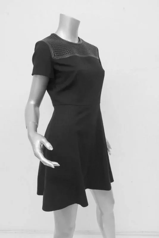 Proenza Schouler Dress Black Stretch Silk Size 4 Woven Leather Yoke Skater Mini