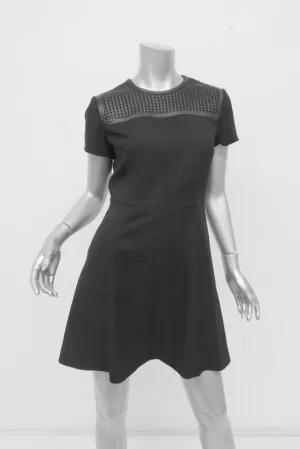 Proenza Schouler Dress Black Stretch Silk Size 4 Woven Leather Yoke Skater Mini