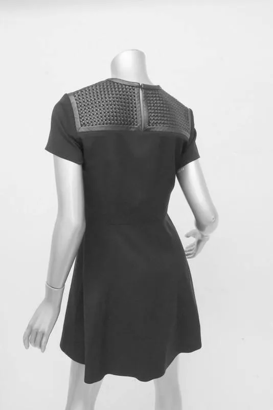 Proenza Schouler Dress Black Stretch Silk Size 4 Woven Leather Yoke Skater Mini