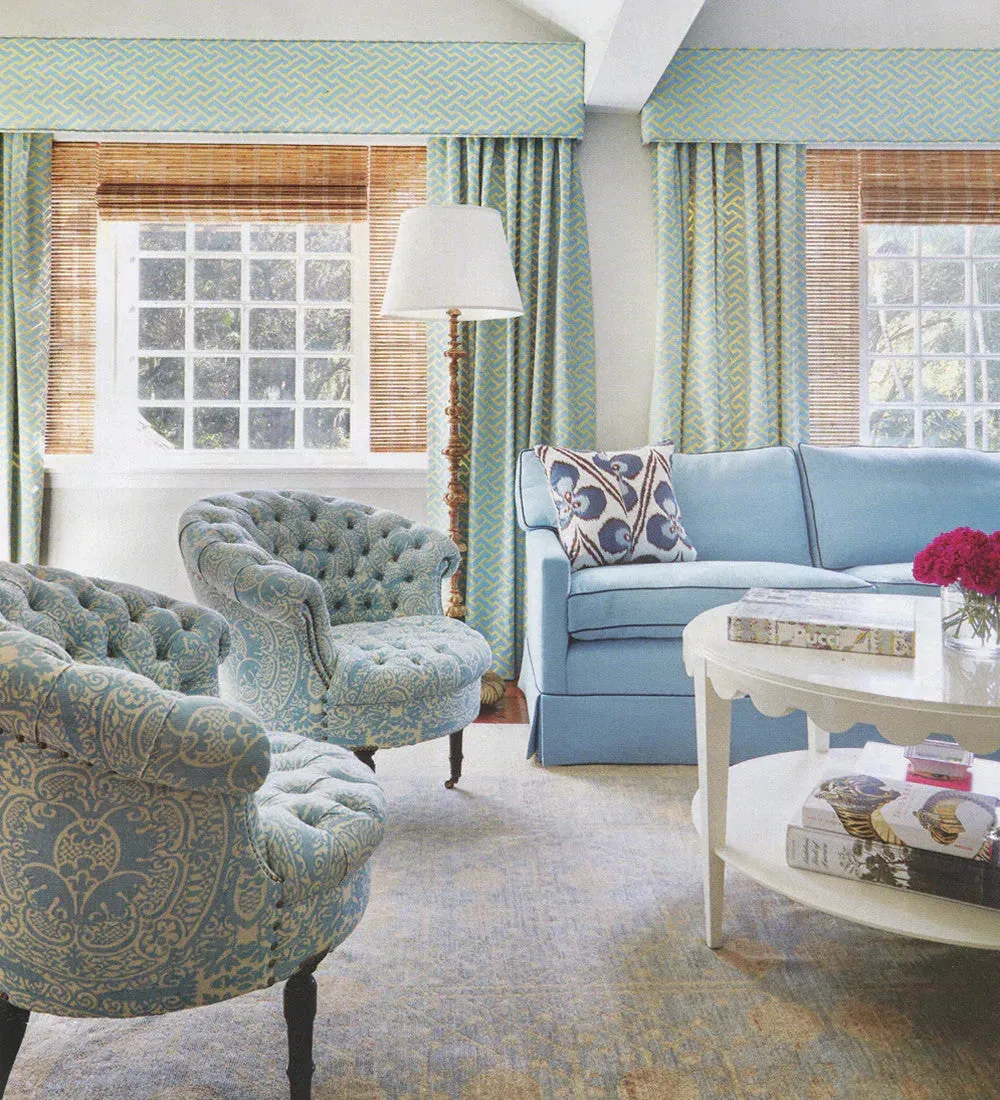 Quadrille Fabric: Veneto - Custom Turquoise on Tinted Belgian Linen / Cotton