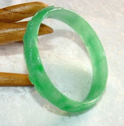"Peaceful  Bamboo"  Carved Jadeite Jade Bangle Bracelet 57.5mm (JBB3083)