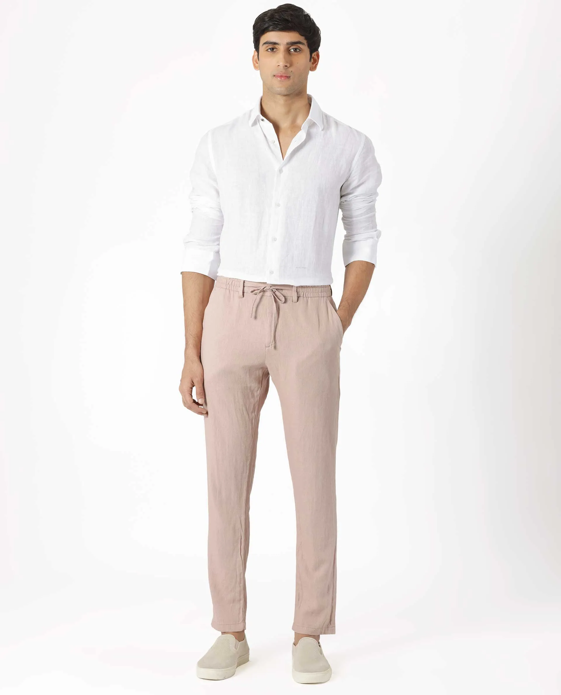 Rare Rabbit Men's Linac Dusky Pink Solid Drawstring With Elastic Waistband Regular Fit Linen Trouser