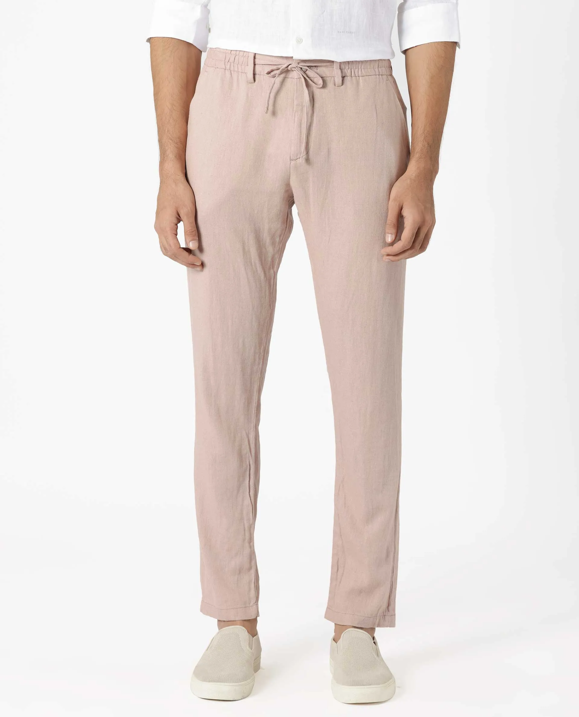 Rare Rabbit Men's Linac Dusky Pink Solid Drawstring With Elastic Waistband Regular Fit Linen Trouser