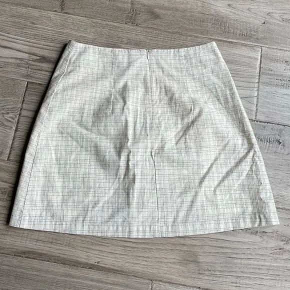 Rowie Mini Skirt Front Slit Off White Color Gray Grid Pattern Linen Blend SZ S