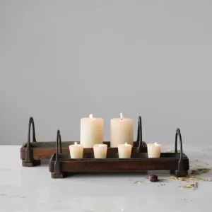 RUSTIC BOHEMIAN WOOD AND METAL SERVING TRAY WITH HANDLES