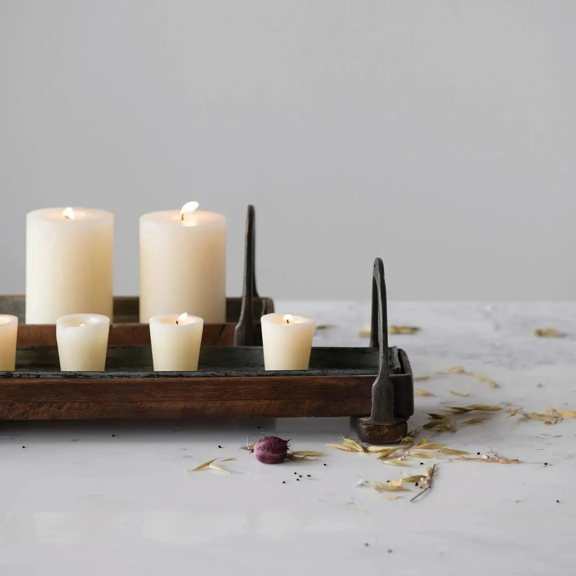 RUSTIC BOHEMIAN WOOD AND METAL SERVING TRAY WITH HANDLES