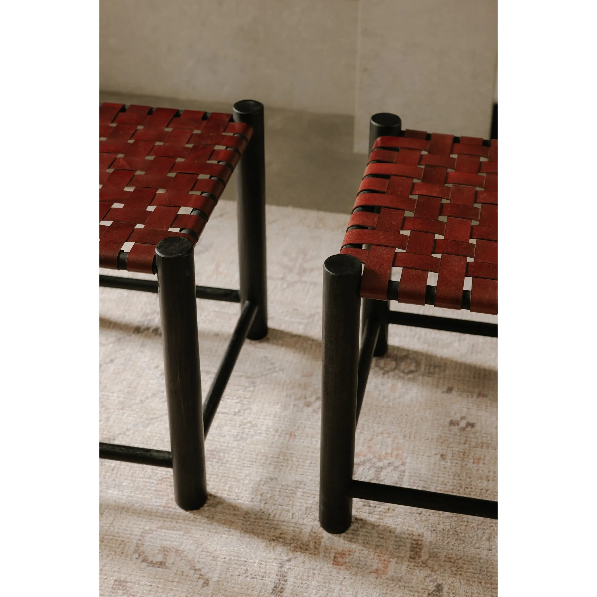 Rustic Grace Stool in Solid Mango Wood with Leather Accents